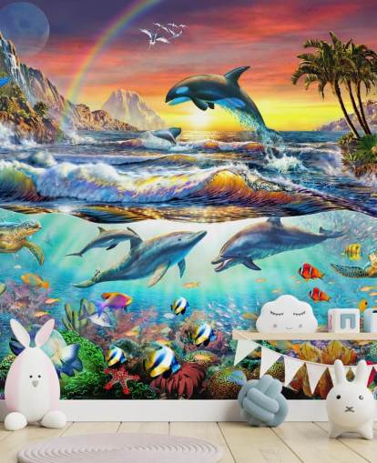 Buntes Ozean-Tapetengemälde für Kinder namens Paradise Cove von Adrian Chesterman für Kinder- und Spielzimmer Buntes Ozean-Tapetengemälde für Kinder namens Paradise Cove von Adrian Chesterman für Kinder- und Spielzimmer