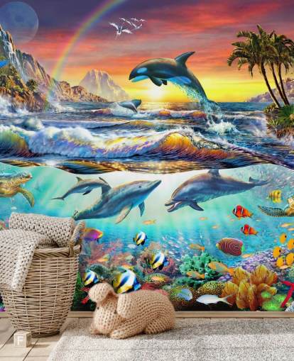 mural colorido de papel pintado oceánico para niños llamado Paradise Cove de Adrian Chesterman para dormitorios infantiles y salas de juegos