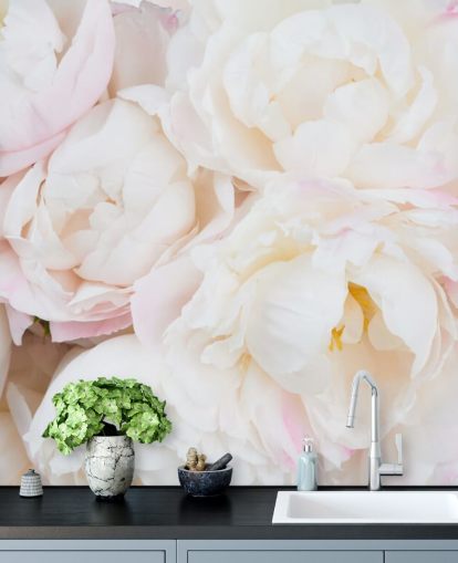 pink and white floral wallpaper mural called Peony Clouds for bedrooms, living rooms and bathrooms