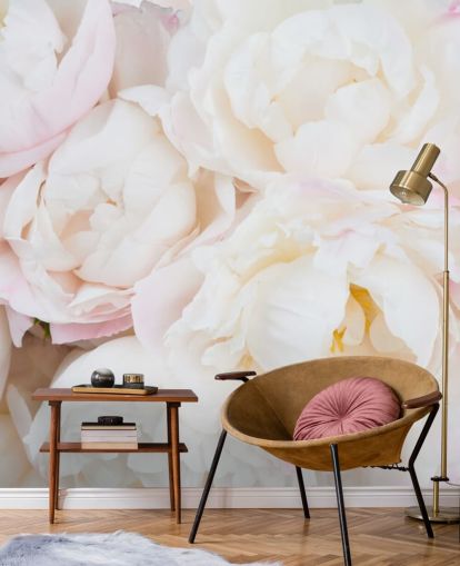 rosa-weiße Blumentapete namens Peony Clouds für Schlafzimmer, Wohnzimmer und Badezimmer