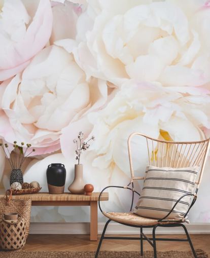 rosa og hvitt blomstertapet veggmaleri kalt Peony Clouds for soverom, stuer og bad rosa og hvitt blomstertapet veggmaleri kalt Peony Clouds for soverom, stuer og bad