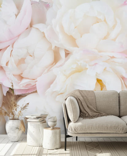 lyserødt og hvidt blomstertapet vægmaleri kaldet Peony Clouds til soveværelser, stuer og badeværelser