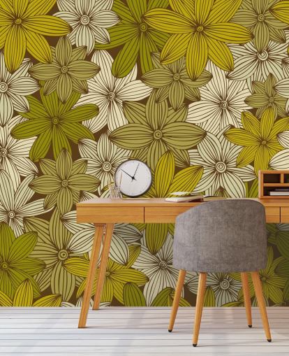 papier peint à fleurs moutarde