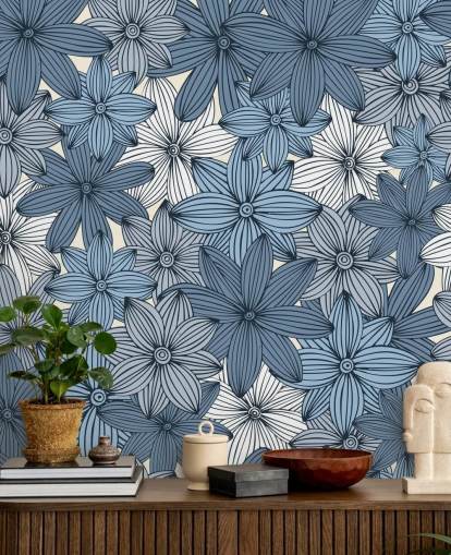 papier peint à fleurs bleu