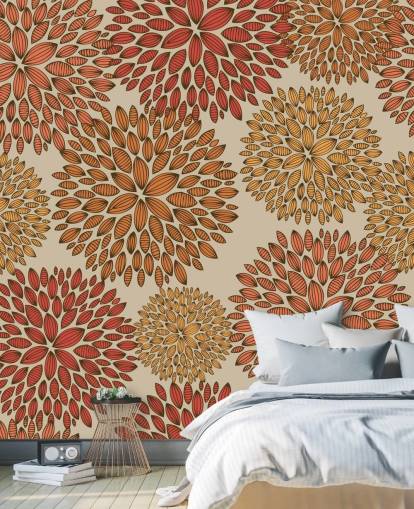 Papel pintado de dientes de león dibujados en rojo y naranja