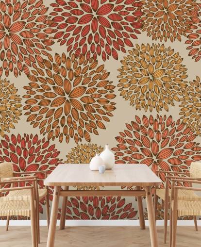 Papel pintado de dientes de león dibujados en rojo y naranja