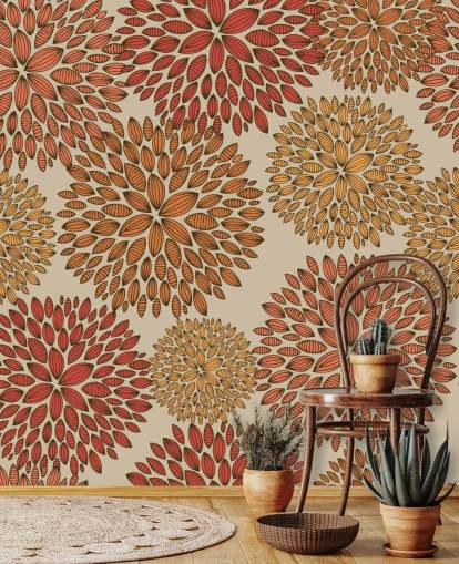 Rood en oranje getrokken paardebloemen behang Rood en oranje getrokken paardebloemen behang