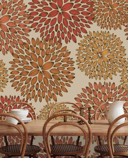 Papel pintado de dientes de león dibujados en rojo y naranja