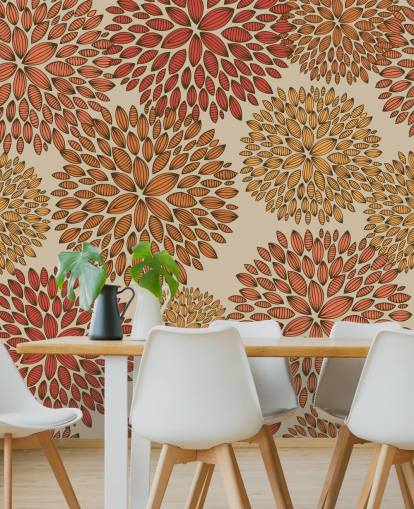 Rood en oranje getrokken paardebloemen behang