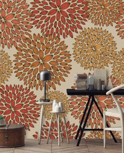 Rood en oranje getrokken paardebloemen behang