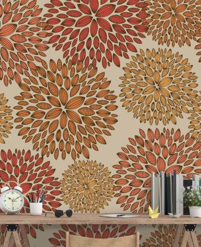 Papel pintado de dientes de león dibujados en rojo y naranja