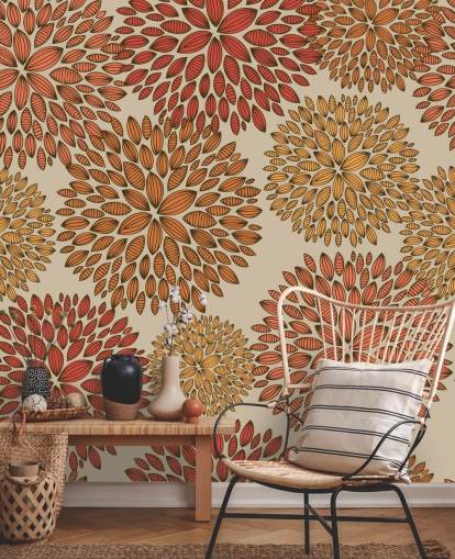 Papel pintado de dientes de león dibujados en rojo y naranja