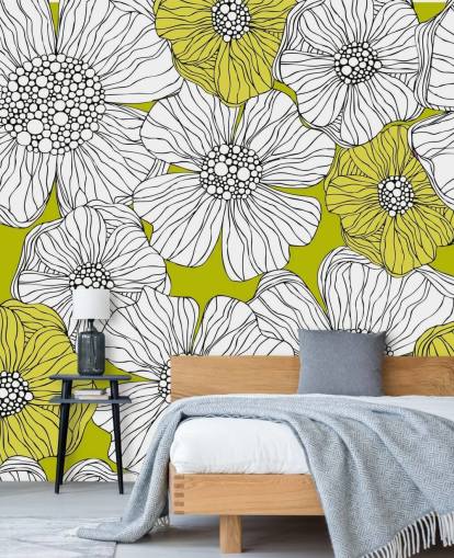 Mural de pared Fondo verde lima con flores blancas