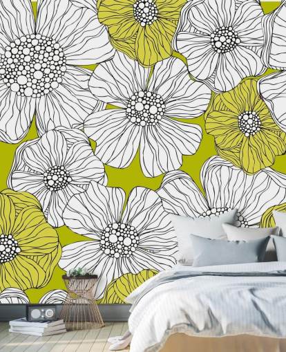 Decorazione murale con sfondo verde lime e fiori bianchi
