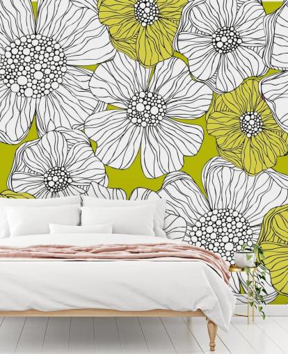 Decorazione murale con sfondo verde lime e fiori bianchi