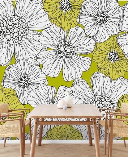 Decorazione murale con sfondo verde lime e fiori bianchi