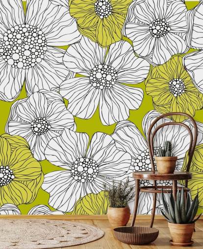 Papier Peint Fresque Fond Vert Lime avec Fleurs Blanches