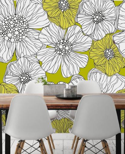 Decorazione murale con sfondo verde lime e fiori bianchi