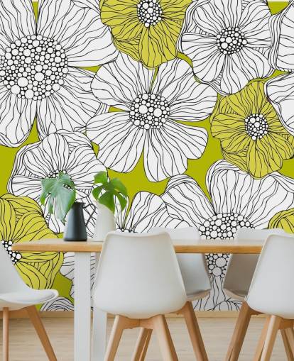 Fundo verde limão com mural de parede de flores brancas