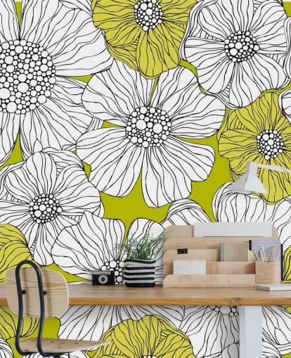 Lime Green Background with White Flowers Wall Mural