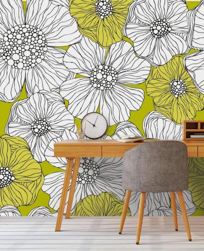 Lime grøn baggrund med hvide blomster vægmaleri Lime grøn baggrund med hvide blomster vægmaleri