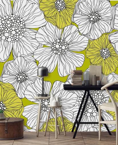 Lime Green Background with White Flowers Wall Mural Lime Green Background with White Flowers Wall Mural