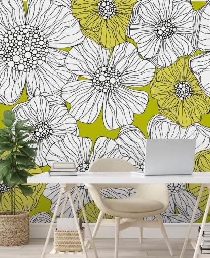 Mural de pared Fondo verde lima con flores blancas Mural de pared Fondo verde lima con flores blancas