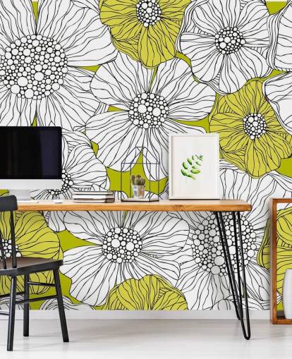 Lime Grön bakgrund med vita blommor väggmålning