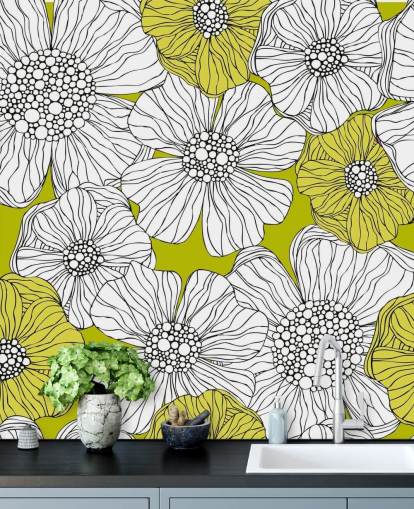 Papier Peint Fresque Fond Vert Lime avec Fleurs Blanches Papier Peint Fresque Fond Vert Lime avec Fleurs Blanches