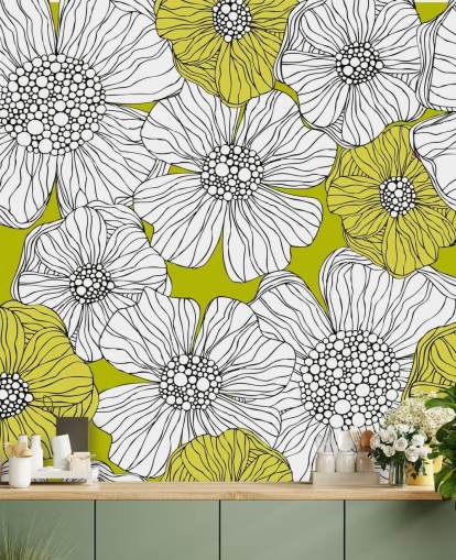 Mural de pared Fondo verde lima con flores blancas