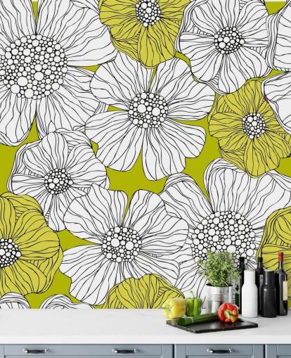Mural de pared Fondo verde lima con flores blancas