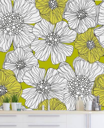 Fundo verde limão com mural de parede de flores brancas