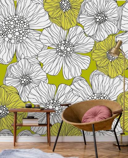Lime groene achtergrond met witte bloemen muurschildering