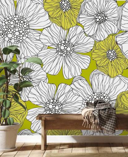 Mural de pared Fondo verde lima con flores blancas