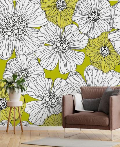 Mural de pared Fondo verde lima con flores blancas