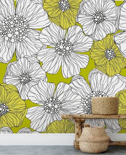Lime Green Background with White Flowers Wall Mural