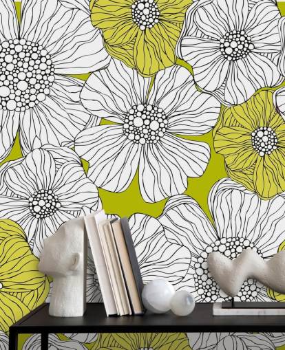 Lime Grön bakgrund med vita blommor väggmålning