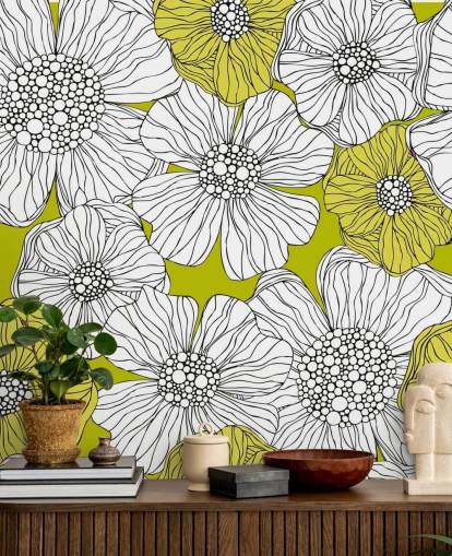 Papier Peint Fresque Fond Vert Lime avec Fleurs Blanches