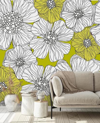 Mural de pared Fondo verde lima con flores blancas Mural de pared Fondo verde lima con flores blancas