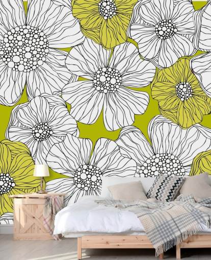 Lime Green Background with White Flowers Wall Mural Lime Green Background with White Flowers Wall Mural