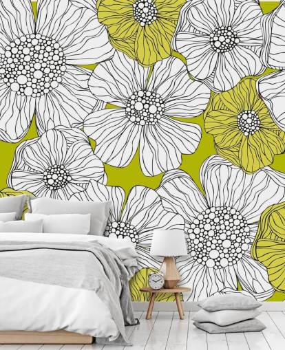 Limettengrüner Hintergrund mit weißen Blumen Wandgemälde