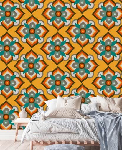 oransje floral retro tapet