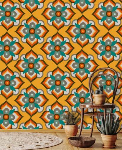 orange Blumen Retro-Tapete