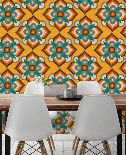oransje floral retro tapet