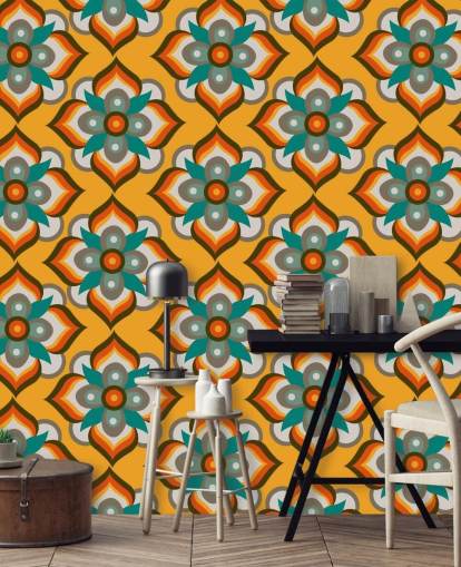 oransje floral retro tapet