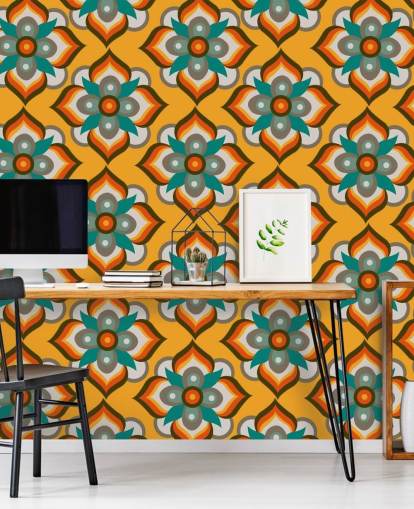 papel pintado retro floral naranja papel pintado retro floral naranja