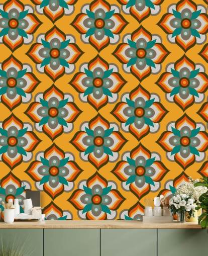 orange blommig retro tapeter