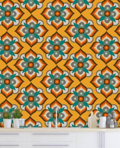 papel de parede retro floral laranja