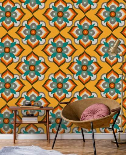 orange floral retro wallpaper