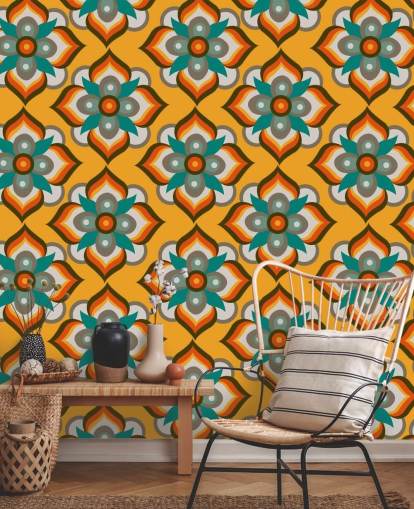 papel pintado retro floral naranja